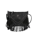 Black PU shoulder bag with silver studs, metallic cross, and long tassel accents - Black