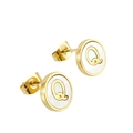 Golden round stud earrings with white shell inlay and letter Q design for women - Letter Q / Gold