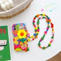 Floral iPhone case with colorful wooden beaded strap and a flower-shaped stand - SJ2 Rainbow Flower Wristband + Block Crossbody Rope / iPhone 15