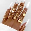 21-piece gold ring set featuring heart butterfly and leaf designs with pearls - Gold Heart Butterfly Artificial Pearl Leaf Style (5645401HB) / Gold