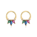 Macro detail of gold round earrings featuring colorful cubic zirconia in claw settings - Style B Pair (Multi-color Gemstone Hoops)