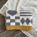 Kids knitted snood scarf in grey and beige patterns with yellow ribbed edges - Heart Beige