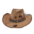 Chapeau de paille cowboy ethnique avec imprimé étoile et bande perlée pour soleil de plage - Taille unique / Camel (Style Grain de Sucre Tibétain)