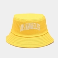 Detail of Los Angeles embroidery and reinforced stitching on yellow cotton bucket hat - M(56-58cm) / Yellow