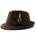 Dark brown wool felt fedora hat with ribbon bow and spotted feather decoration - M(56-58cm) / Coffee