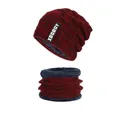 Winter knit hat and scarf set in burgundy with thick fleece lining and brand label - Hat + Neck Warmer / Adult Wine Red Set