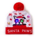 LED Christmas knitted beanie with Santa Paws bulldog pattern and colorful glowing lights - Cool Dog Red Christmas Hat