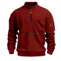Detail of dark red quarter-zip sweatshirt with stand collar and multiple zip pockets - S / Tops / Burgundy