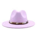 Close-up of lavender wool fedora with dark brown band and a gold shell accessory - Taro Purple