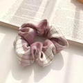 Pink and beige plaid scrunchie with soft ribbon bow for women's elegant hair styling - Raspberry Tea Pink