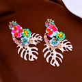 Exaggerated Monstera leaf flower earrings with colorful sequins and rhinestones - Silver Earring Post-Multi-color-Flower(3#)