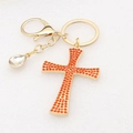 Detail of gold keychain with orange rhinestone cross and teardrop crystal pendant - Orange Red