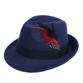 Detail view of navy blue fedora hat featuring black ribbon and colorful feather trim - One Size M / Navy Blue