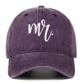 Detail of white embroidered 'mr.' script on vintage washed purple cotton baseball cap - Purple Mr.
