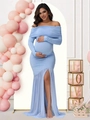 Abito premaman azzurro con spalle scoperte, vestibilità slim e dettagli in rete - S / Blu