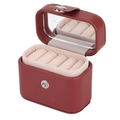 Portable red PU leather jewelry box with built-in mirror and ring slots for travel - Red Brown