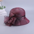 Elegante cappello da sole bordeaux in organza da donna con fiocco grande e rete nera - Taglia unica / Borgogna