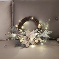 Christmas wreath with champagne gold flowers, LED lights, pine needles and gold ornaments - With LED Lights
