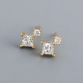 S925 silver stud earrings with square and round zircon in gold finish for women - Golden (White Stone)