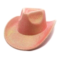 Detail of pink cowboy hat with golden glitter finish and shimmering woven texture - Heart Pink