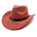 Detailansicht rostroter Wildleder-Cowboyhut mit schwarzem Band und Metallverzierungen - M (56-58cm) / Karamellbraun