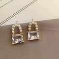 Golden flower earrings with white pearls and large rectangular crystal on fabric - Pearl Zircon Bag Shaped Earrings