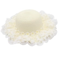 Close-up of baby straw hat with delicate white lace trim and small daisy floral details - 7-14 Years (52-54cm) / Cream
