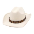 White cowboy hat detail with brown faux leather band and shell decorative accents - One Size / White (Coffee Leather Belt)
