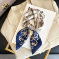 Elegant navy blue square silk scarf with baroque floral patterns and smooth satin finish - 62 Square Scarves / 65