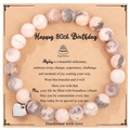 Bracelet en pierres naturelles roses et blanches avec pendentif cœur sur carte - Bracelet en Pierre Zébrée Rose + Carte Joyeux 80ème