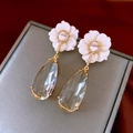 Detail of flower stud earrings with teardrop crystal pendant in a jewelry box - Silver Pin-Gold-White
