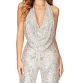 Schmal geschnittener silberner Pailletten-Jumpsuit mit Neckholder für Partys - XS / Silber
