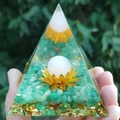 Handmade resin pyramid with gold lotus flower and white bead on green crushed stone - 6cm / A24-Green Stone Lotus White Bead