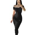 Elegant off-shoulder black bodycon maxi dress with shirred texture and short sleeves - S / Black