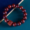 Polished red sandalwood beaded bracelet featuring a finely carved Pixiu pendant charm - Blood Sandalwood Guardian Lion 15mm * 15 Beads