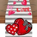 Linen table runner with grey stripes and red hearts for Valentine's home decor - 33*183cm / Grey White Stripes Heart Gnome Print (VT010)