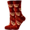 Brown cotton crew socks with cute cartoon bear and red heart patterns for women - Size 35-42 / Heart Bear