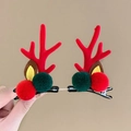Cute red Christmas reindeer antler hair clips with colorful plush balls for holiday cosplay - 33# Red Antler Red Green Fur Ball Pair