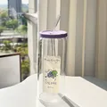 Transparent glass tumbler with a purple lid, straw and grape illustration label - Grape + Lid + Straw
