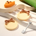 Miniature beige round plate with brown bow, cat fork, and resin watermelon slice dollhouse set - Round Light Yellow Plate