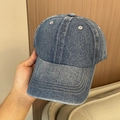 Close-up of vintage washed denim baseball cap with detailed stitching and blue texture - Adjustable 56-60cm / Plain Dark Blue