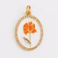 Oval gold-plated pendant with orange rose enamel and sparkling rhinestone border - Gold Oval Zirconia Inlaid Orange Rose V2