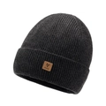 Winter cuffed ribbed knit beanie in charcoal grey with stylish brown leather patch logo - Marl Grey