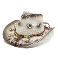 Retro hollow woven straw cowboy hat with ethnic beaded band and vintage distressed finish - M(56-58cm) / White Coffee