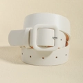 Detail of white PU leather belt featuring a classic square buckle and adjustable holes - White