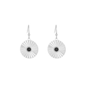 Silver round earrings with black gemstone inlay and radiant sunburst metal pattern - Radiant Round Dangle (E303146) - Steel Black
