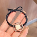 Korean style high elastic black hair tie with gold frame cream square charm decoration - Black Square Metal Frame Hair Tie 1Pc