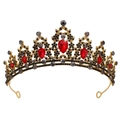 Baroque gold crown with large teardrop rubies and black diamond accents for weddings - Antique Gold - Black + Red Gem