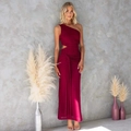 Eng anliegendes burgunderrotes One-Shoulder-Maxikleid mit Cut-out und Knotendetail - S / Rot