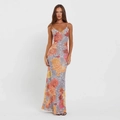 Maxikleid mit Blumen- und Leopardenmuster, V-Ausschnitt und schmalen Trägern in Slim-Fit - Regenbogen